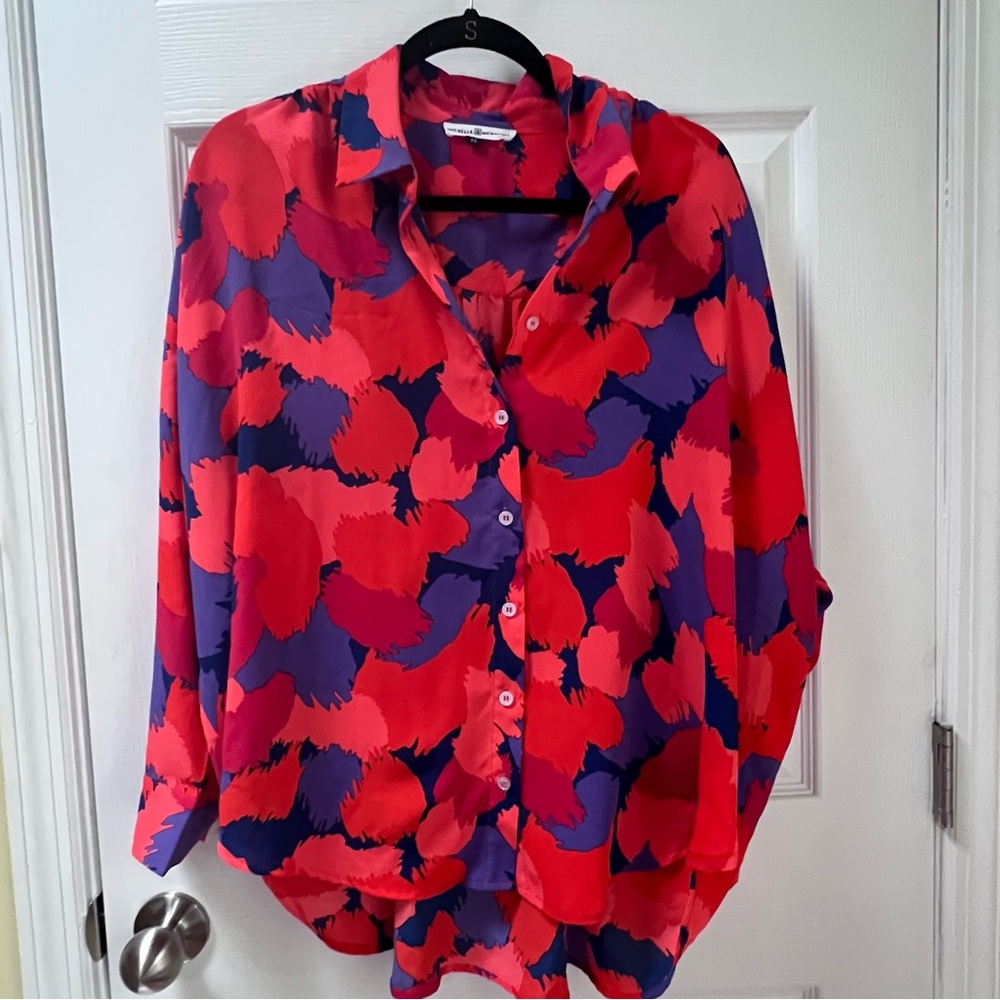 Michelle McDowell Women's Bright Red Blue Purple Geometric Long Sleeve Blouse XL